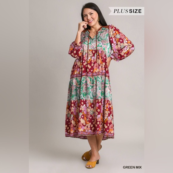 NWT Umgee Boutique Boho Hippy Floral Print Dress S - 2X green burgundy mix - Picture 8 of 15